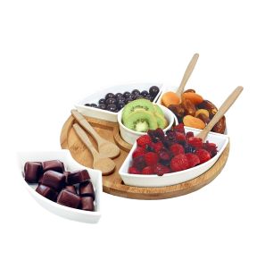 JS Gourmet - Appetizer Serving Set, Bamboo Tray, Ceramic Bowls and Spoons