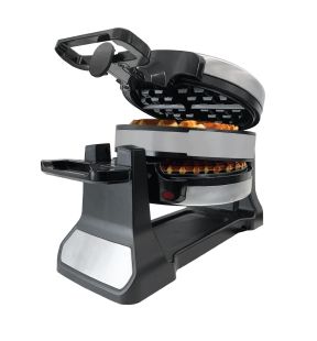 JS Gourmet - Double Belgian Waffle Maker, 180° Rotation, Non-Stick Surface, Stainless Steel