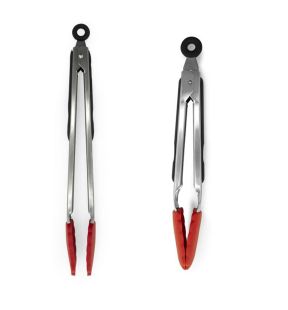 Starfrit - Set of 2 Silicone Tongs, 9" and 12" Length, Stainless Steel Handles, Red