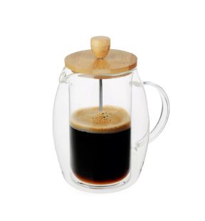 JS Gourmet - Double Wall Glass French Press Coffee Maker, Bamboo Lid, 600ml Capacity