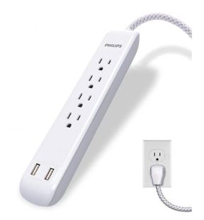 Philips 4 Outlet 2 USB Port Surge Protector, 720 Joules, 4ft Cord, White