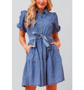 Bella Denim Tiered Shirt Dress Short Sleeves Belt