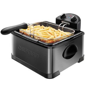 Chefman -  4.5L Deep Fryer with Basket, Cool Touch Handles, Removable Oil Container and Temperature Control, Black Stainless Steel