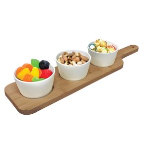 JS Gourmet - 4 Piece Serving Set, Bamboo Tray, Ceramic Bowls