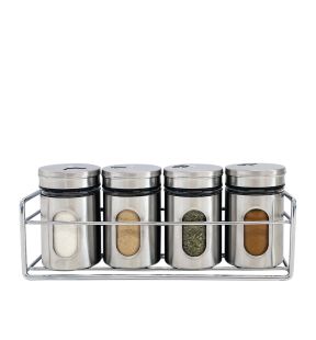 JS Gourmet - Set of 4 Spice Containers with Storage Tray, Stainless Steel