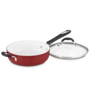 Cuisinart Elements Saute Pan w/helper handle & Cover: 5.5 qt, white ceramic non-stick, red | 5933-30HR