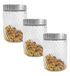 JS Gourmet - Set of 3 Embossed Glass Containers with Airtight Lid, 1300ml Capacity