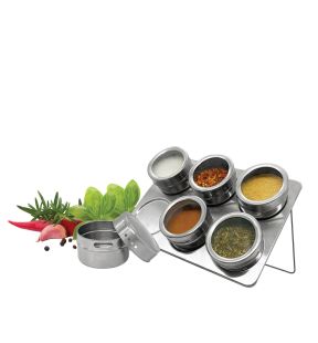 JS Gourmet - Set of 6 Magnetic Spice Jars with Storage Tray, Stainless Steel