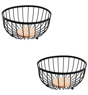 Jessar - Set of 2 Coated Steel Fruit Baskets with Rubberwood Base, Black