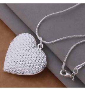 Silver Plated Heart Pendant Necklace (925 Sterling Silver - Dimples)