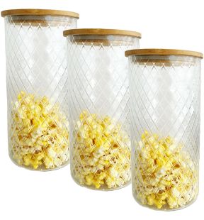 JS Gourmet - Set of 3 Embossed Glass Containers with Airtight Lid, 1800ml Capacity