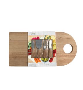 JS Gourmet - Bamboo Cheese Board with Handle and 4 Stainless Steel Tools