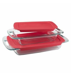 Pyrex Easy Grab® 4-Piece Glass Baking Set | 1090992 | Includes 3-Qt and 2-Qt Oblong Baking Dishes with Red Plastic Covers