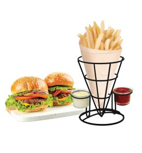 JS Gourmet - French Fries Holder with 2 Dipping Containers, Black Steel