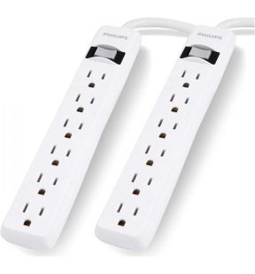 Philips - 2 Pack 6 Outlet Surge Protector, 450 Joule Protection, White