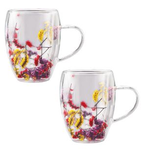 JS Gourmet - Set of 2 Double Wall Glass Mugs with Dried Flowers, 350ml Capacity