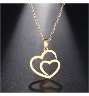 Stainless Steel Gold Plated Double Heart Pendant with Chain