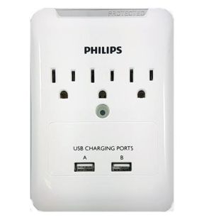 Philips 3 Outlet And 2 Charging USB Ports Wall Tap Surge Protector