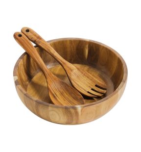 JS Gourmet - 3 Piece Salad Bowl Set with Utensils, Made of Acacia Wood