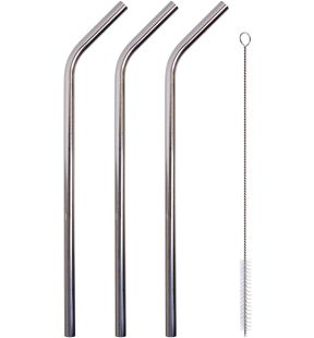 PURE 4-Piece Stainless Steel Reusable Straws with Cleaning Brush 10-inch, Silver