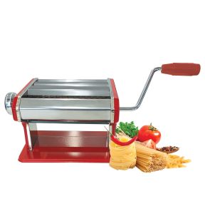 JS Gourmet - Manual Pasta Machine in Stainless Steel, 2 Adjustable Cutting Rollers, Red