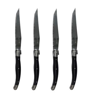 JS Gourmet - Set of 4 Laguiole Steak Knives, Stainless Steel Blade, Black Handles