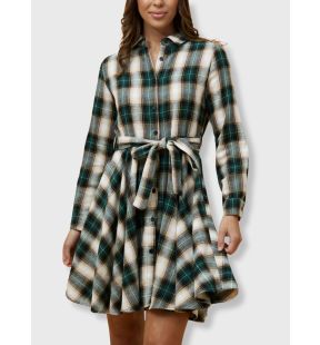 Fiona Shirt Dress Waist Tie Plaid Print Green