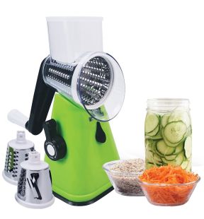 Hauz - Multifunction Rotary Drum Grater and Slicer, 3 Stainless Steel Blades, BPA Free, Green