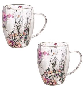 JS Gourmet - Set of 2 Double Wall Glass Mugs with Dried Flowers, 350ml Capacity