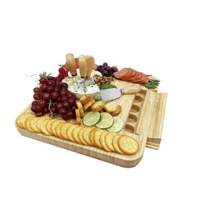 JS Gourmet - Large Bamboo Cheese Board with Sliding Drawer and 4 Knives