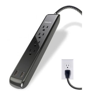 Philips 4 Outlet 2 USB Port Surge Protector, 720 Joules, 4ft Cord, Black