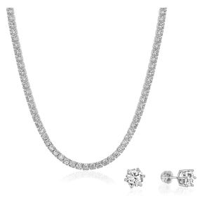 5A Cubic Zirconia Tennis Necklace and 7mm Stud Earrings Set (18K Gold)