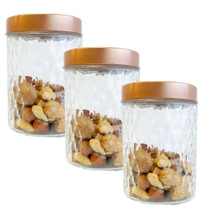 JS Gourmet - Set of 3 Embossed Glass Containers with Airtight Lid, 1300ml Capacity