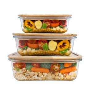 JS Gourmet - Set of 3 Food Containers, Bamboo Lid, Oven Safe