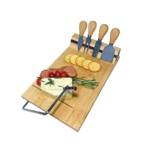 JS Gourmet - Bamboo Serving Board with Integrated Cheese Cutter and 4 Knives