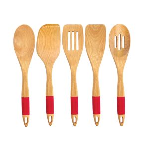 JS Gourmet - 5 Piece Beech Wood and Silicone Kitchen Utensil Set, Red