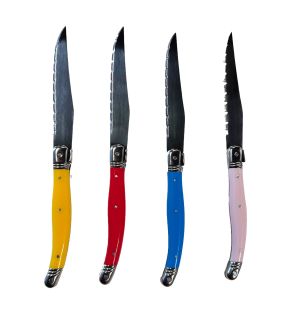 JS Gourmet - Set of 4 Laguiole Steak Knives, Stainless Steel Blade, Multicolored Handles