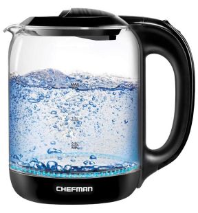 Chefman 1.7L Electric Glass Kettle with Easy Operation Button, 360 ° Swivel Base BPA Free Interior Black