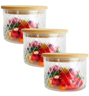 JS Gourmet - Set of 3 Embossed Glass Containers with Airtight Lid, 500ml Capacity