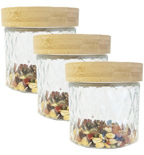 JS Gourmet - Set of 3 Embossed Glass Containers with Airtight Lid, 900ml Capacity