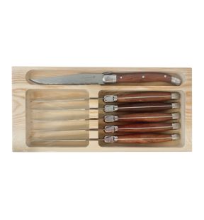 JS Gourmet - Set of 6 Laguiole Steak Knives, Stainless Steel Blade, Wooden Handles